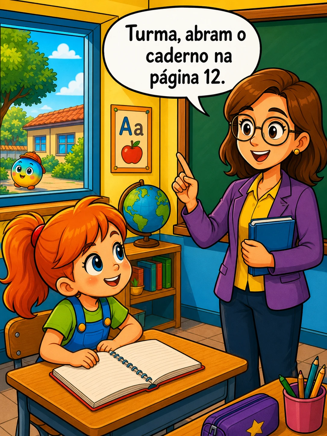 A professora chama a turma para a página 12