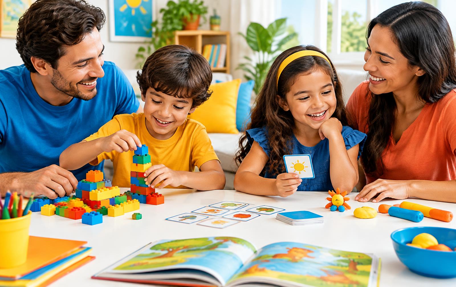 Família brincando com blocos, cartas, massinha e livros